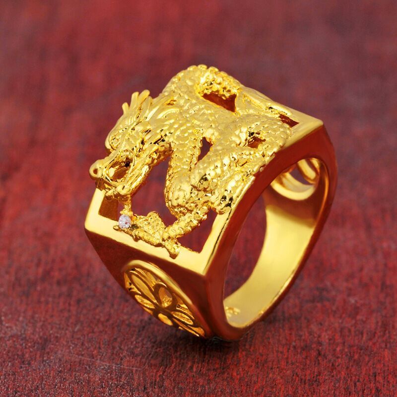 Aventurine Gold Pure Copper Gold Plated Hollow Dragon Ring For Men