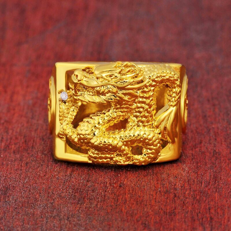 Aventurine Gold Pure Copper Gold Plated Hollow Dragon Ring For Men