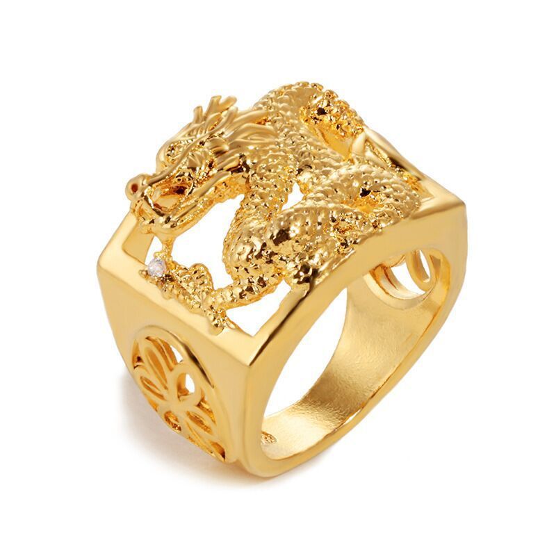 Aventurine Gold Pure Copper Gold Plated Hollow Dragon Ring For Men